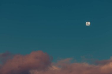 Tazmanya, Avustralya 'da alacakaranlıkta mavi gökyüzünde pembe tüylü bulutlarla dolunay.