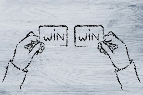 Mani che si scambiano soluzioni Win Win Win — Foto Stock