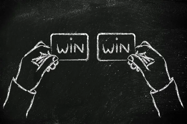 Mani che si scambiano soluzioni Win Win Win — Foto Stock