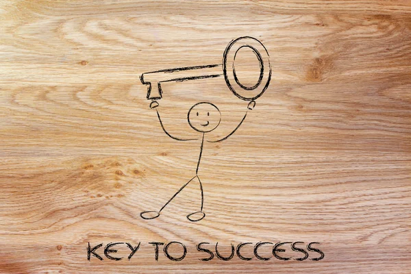 男人拿着超大的钥匙，隐喻的成功的关键 — 图库照片