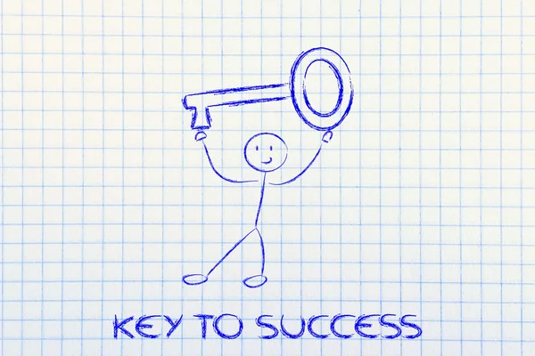 Hombre sosteniendo la llave de gran tamaño, metáfora de la llave al éxito — Foto de Stock