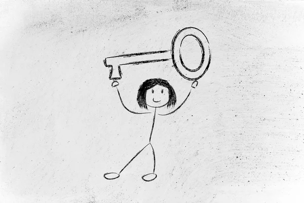 Dívka drží nadrozměrné klíč, metafora klíčem k úspěchu — Stock fotografie