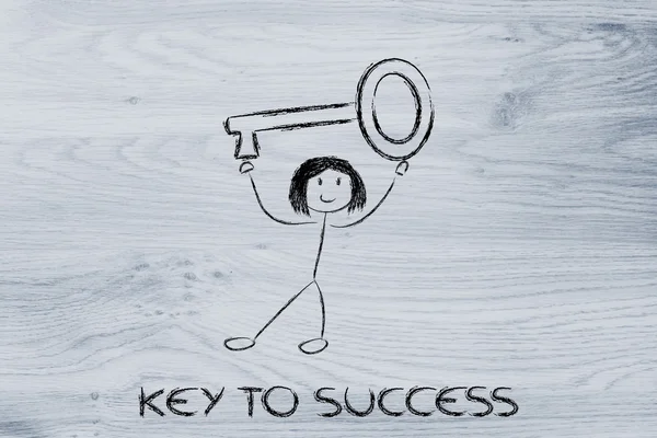 Girl holding oversized key, metaphor of key to success — Stock Photo, Image