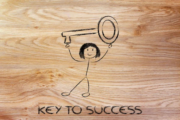 Fille tenant surdimensionné clé, métaphore de la clé du succès — Photo