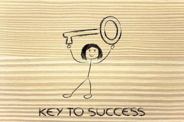 Girl holding oversized key, metaphor of key to success — Stock Photo, Image