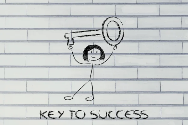 Girl holding oversized key, metaphor of key to success — Stock Photo, Image