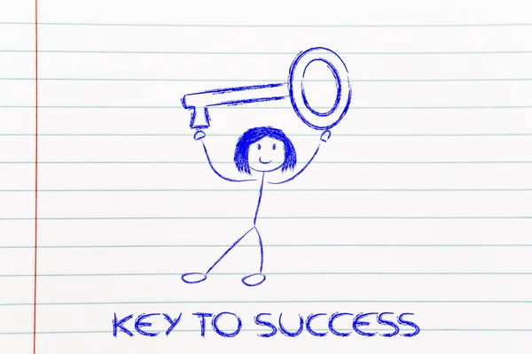 Ragazza con chiave sovradimensionata, metafora della chiave del successo — Foto Stock