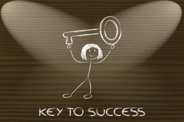 女の子を保持している大型キー、成功への鍵のメタファー — ストック写真