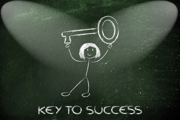 Mädchen mit überdimensionalem Schlüssel, Metapher für den Schlüssel zum Erfolg — Stockfoto