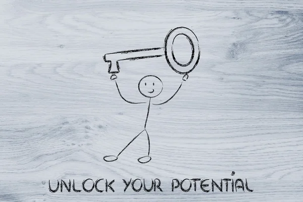 Man holding oversized key, unlock your potential — Stock Photo, Image