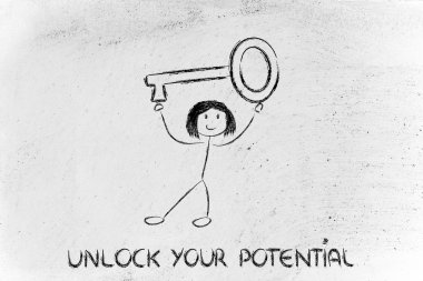 girl holding oversized key, unlock your potential