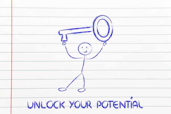 man holding oversized key, unlock your potential