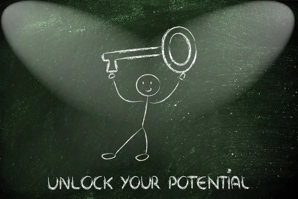 Man holding oversized key, unlock your potential — Stock Photo, Image