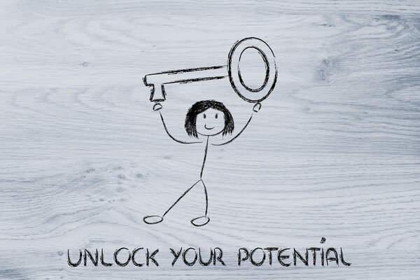 девушка, держа в руках ключ, раскрывает свой потенциал
