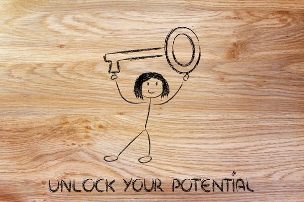 Girl holding oversized key, unlock your potential — Stock Photo, Image
