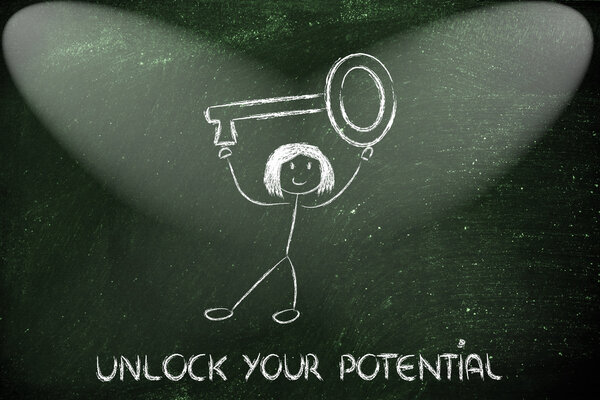 девушка, держа в руках ключ, раскрывает свой потенциал
