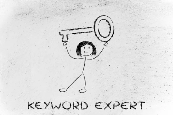 Girl holding oversized key, keyword expert — Stock Photo, Image