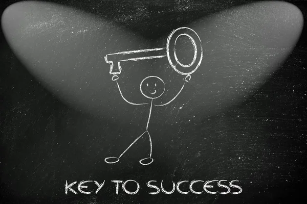 Man holding oversized key, metaphor of key to success — Stock Photo, Image