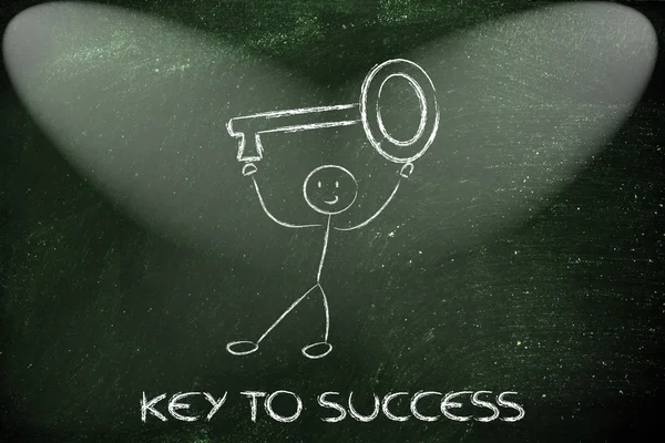 Mann mit überdimensionalem Schlüssel, Metapher für den Schlüssel zum Erfolg — Stockfoto