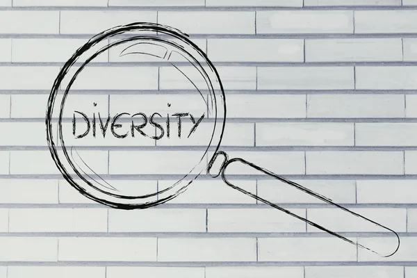 Med fokus på mangfoldighed og samarbejde, forstørrelsesglas design - Stock-foto