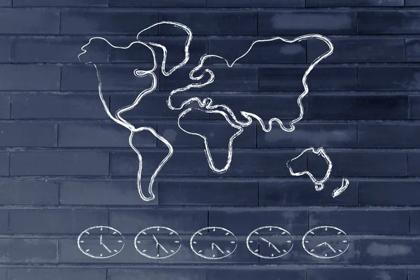 世界地图和时区时钟，全球的生意 — 图库照片