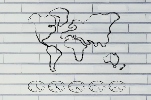 Mundial mapa y huso horario relojes, negocio va global —  Fotos de Stock