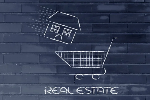 Real estate market,  house into shopping cart — Stock Photo, Image