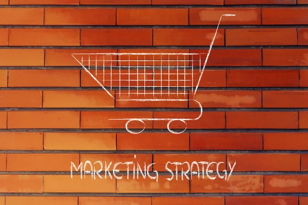 Καλάθι αγορών, σύμβολο της στρατηγικής μάρκετινγκ τεχνικές και — Φωτογραφία Αρχείου