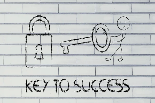 Find the key to success, funny character with key and lock — Stock Photo, Image