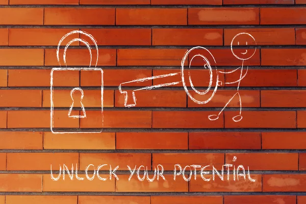 Unlock your potential, funny character with key and lock — Stock Photo, Image