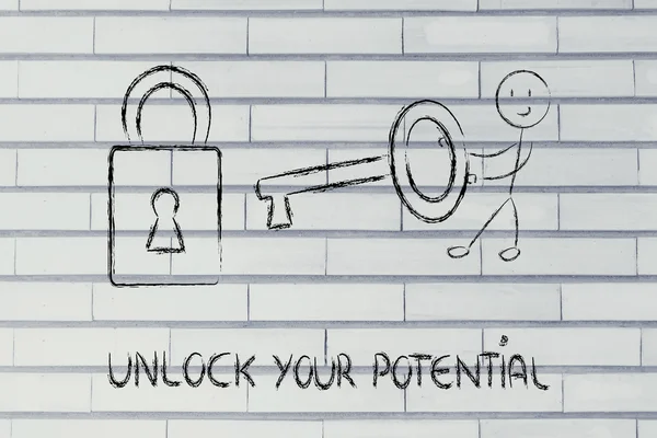 Låsa upp din potential, rolig karaktär med nyckel och lås — Stockfoto