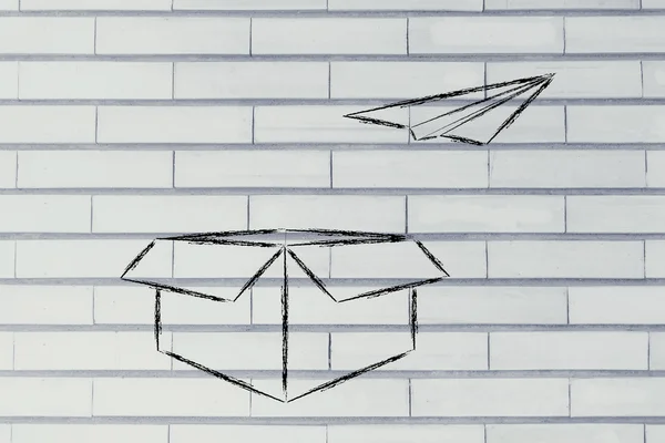 Papír repülőgép repülő mi egy doboz: Szerintem kívül a doboz — Stockfoto