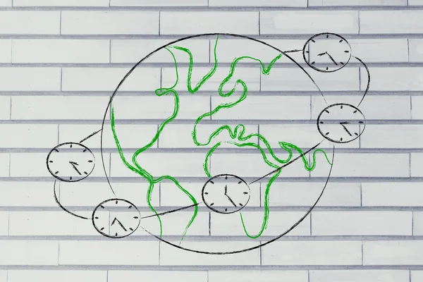 Globale Geschäfts- und Zeitzonen: Uhren, die sich um die Welt drehen — Stockfoto