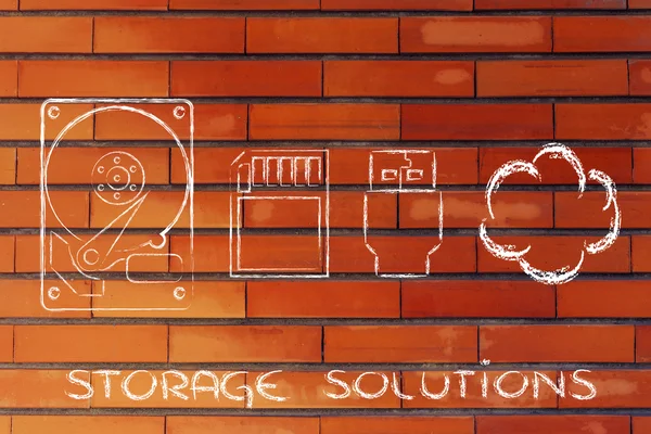 Storage options: hard drives, sd card, usb key or cloud storage — Stock Photo, Image