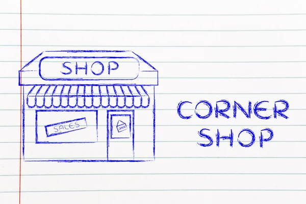 Смішна ілюстрація маленького кутового магазину — стокове фото