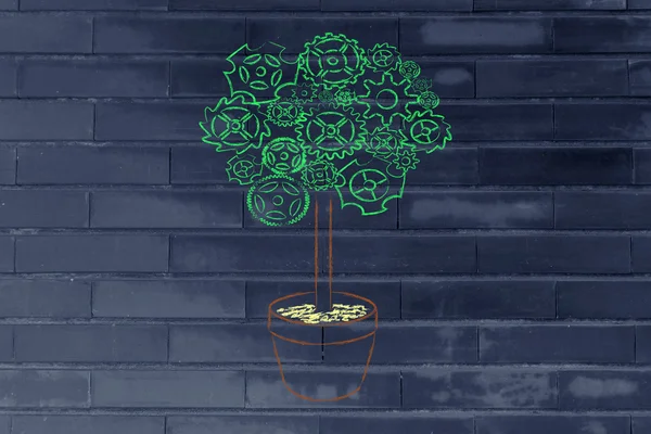 Gearwheel tree, surreal interpretation of green economy — Stock Photo, Image