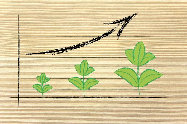 Metáfora da economia verde, gráfico de desempenho com crescimento de folhas — Fotografia de Stock