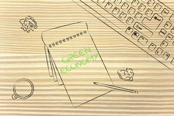 Schreibtisch mit Tastatur, Kaffee und Geschäftsunterlagen über erneuerbare Energien — Stockfoto