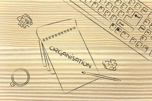Bureau avec clavier, café et documents d'affaires — Photo