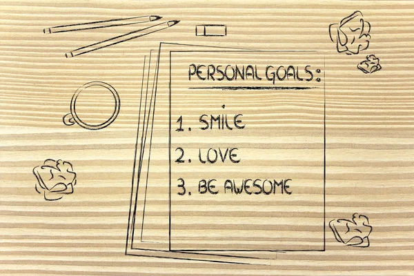 Skrivbord med pennor, kaffe och dokument om personliga mål — Stockfoto