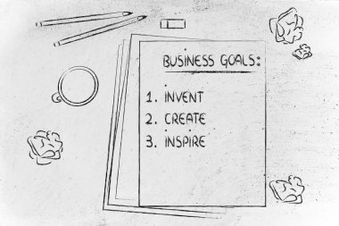 Resepsiyon kalemler, kahve ve iş hedefleri ile ilgili belgeler