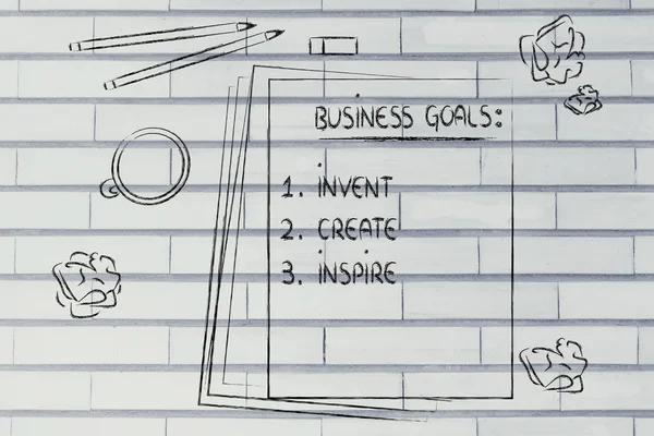Escrivaninha com lápis, café e documentos sobre objetivos de negócios — Fotografia de Stock