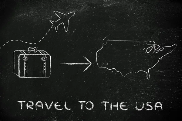 Indústria de viagens: avião e bagagem indo para a América — Fotografia de Stock