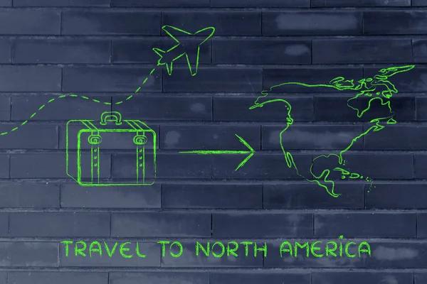 Indústria de viagens: avião e bagagem indo para a América do Norte — Fotografia de Stock