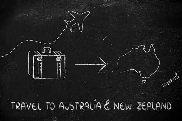 Seyahat Sanayi: uçak ve Avustralya ve Yeni Zelanda için gidiş Bagaj — Stok fotoğraf