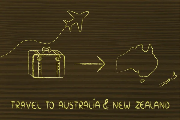 Travel industry: airplane and luggage going to Australia & New Zealand — Stock Photo, Image