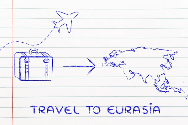 Travel industry: airplane and luggage going to Eurasia — Stock Photo, Image