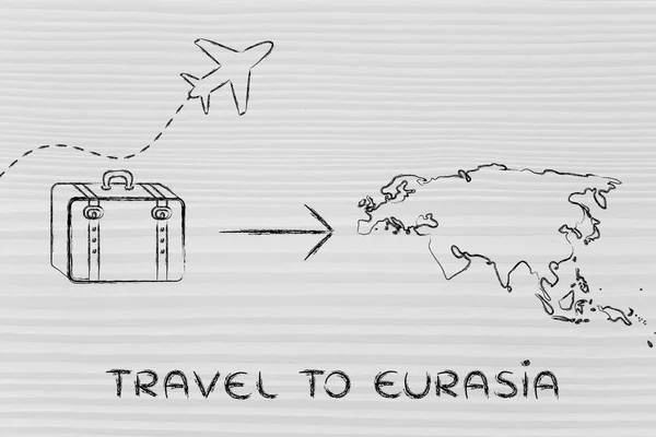 Travel industry: airplane and luggage going to Eurasia — Stock Photo, Image