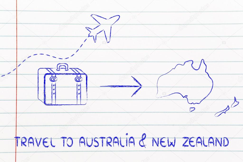 Travel industry: airplane and luggage going to Australia & New Zealand