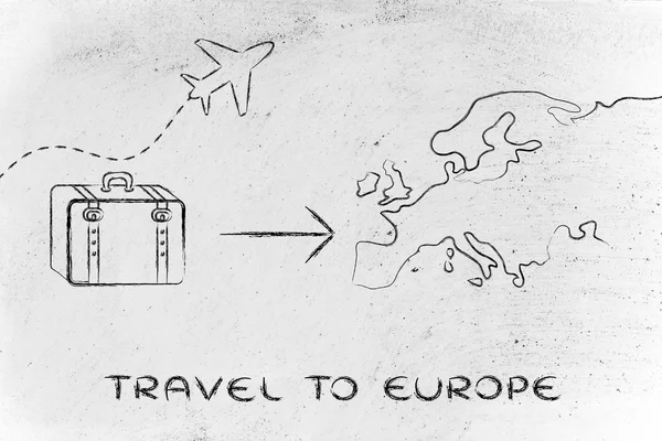 Reisebranche: Flugzeug und Gepäck nach Europa — Stockfoto